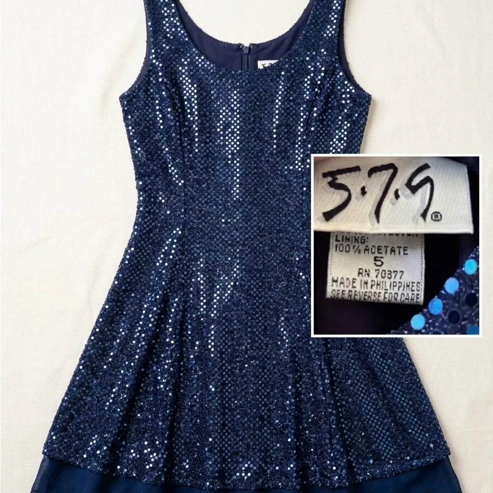 579 Navy Sequin A-Line Party Dress with Chiffon Layer